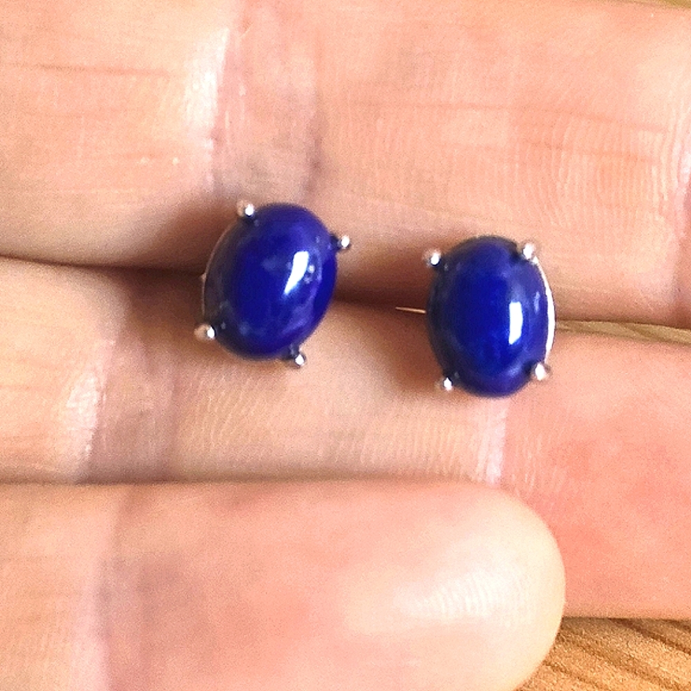 Natural Lapis Lazuli 925 Sterling Silver Stud Earrings - Picture 4 of 10